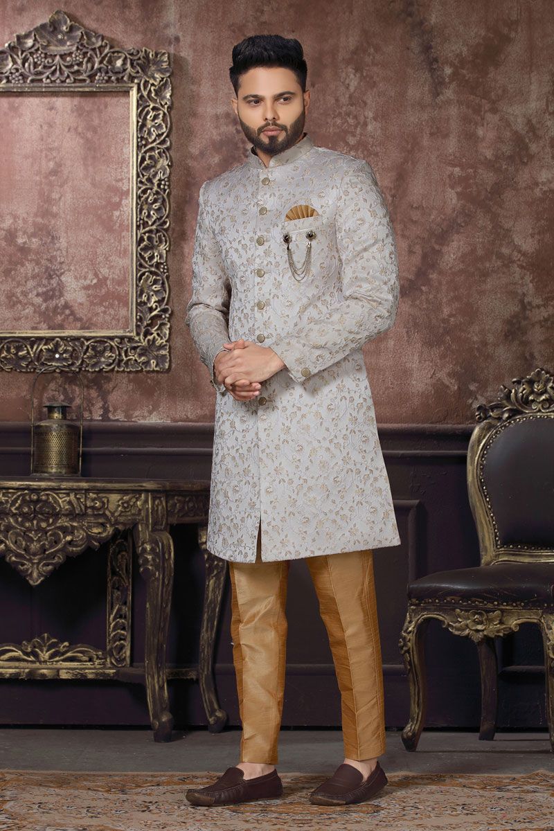 Blazing Grey Jacquard Readymade Indo Western