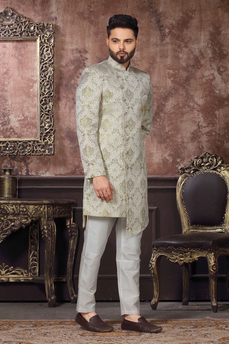 Jacquard Beige Designer Readymade Indo Western