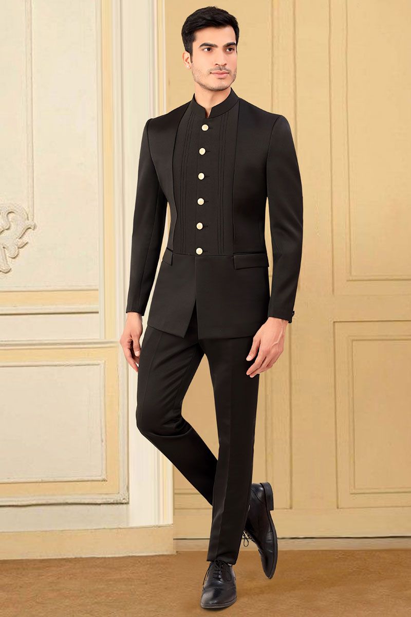 Black Color Rayon And Satin Jodhpuri Suit