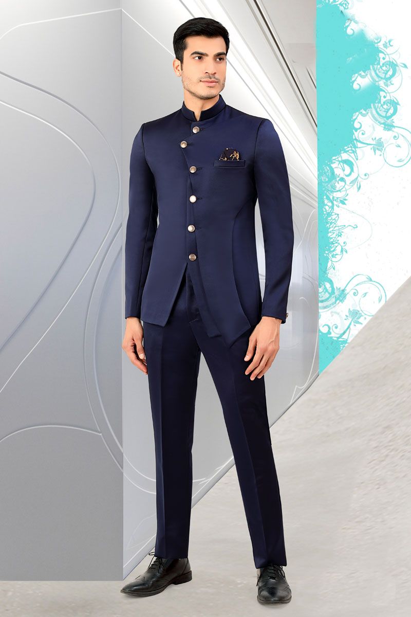 Blue Color Rayon And Satin Jodhpuri Suit