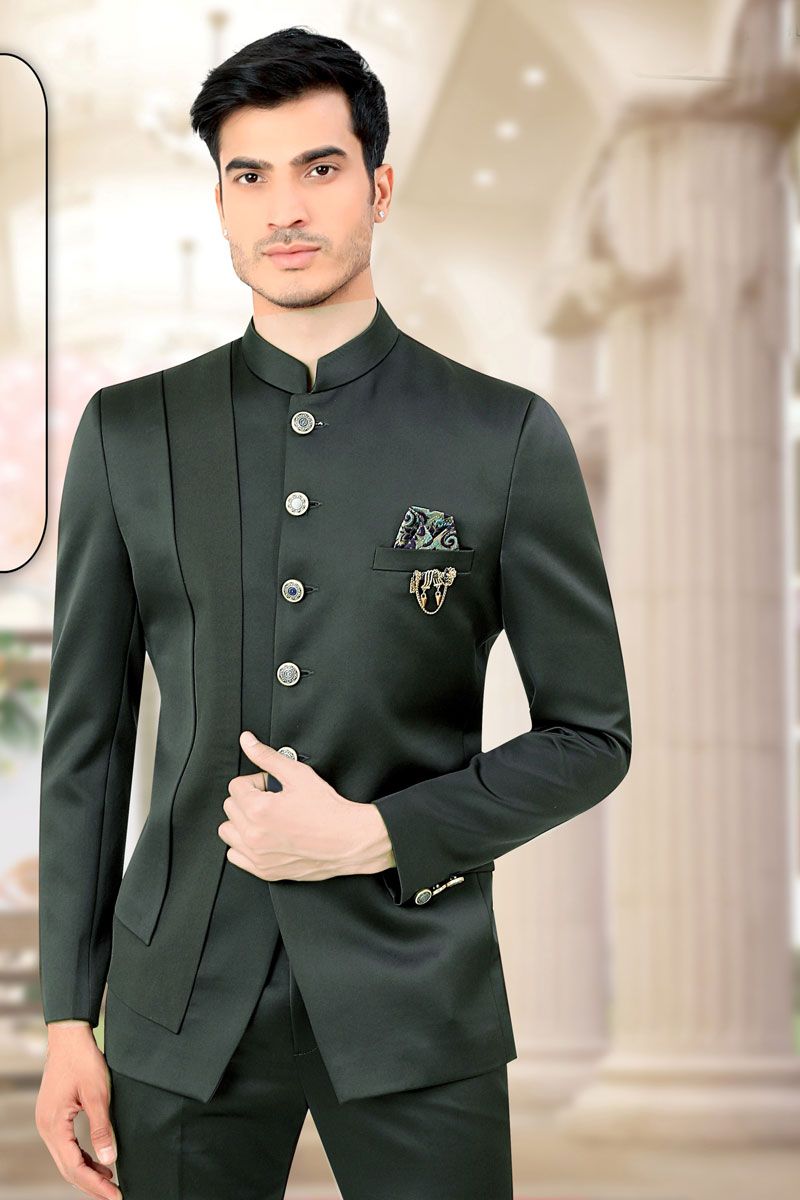 Graceful Dark Green Rayon And Satin Wedding Style Jodhpuri Jacket