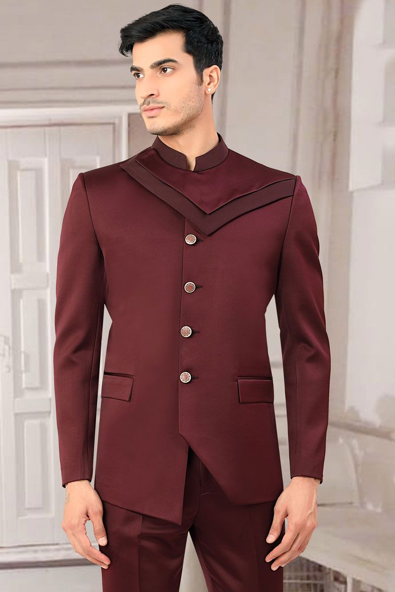 Maroon Rayon And Satin Wedding Style Magnificent Jodhpuri Jacket