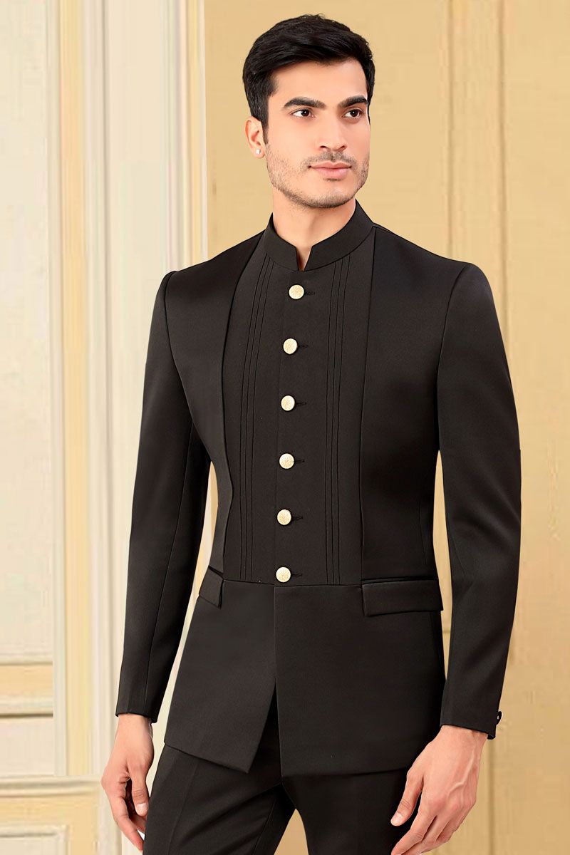 Trendy Textured Black Rayon And Satin Wedding Style Jodhpuri Jacket