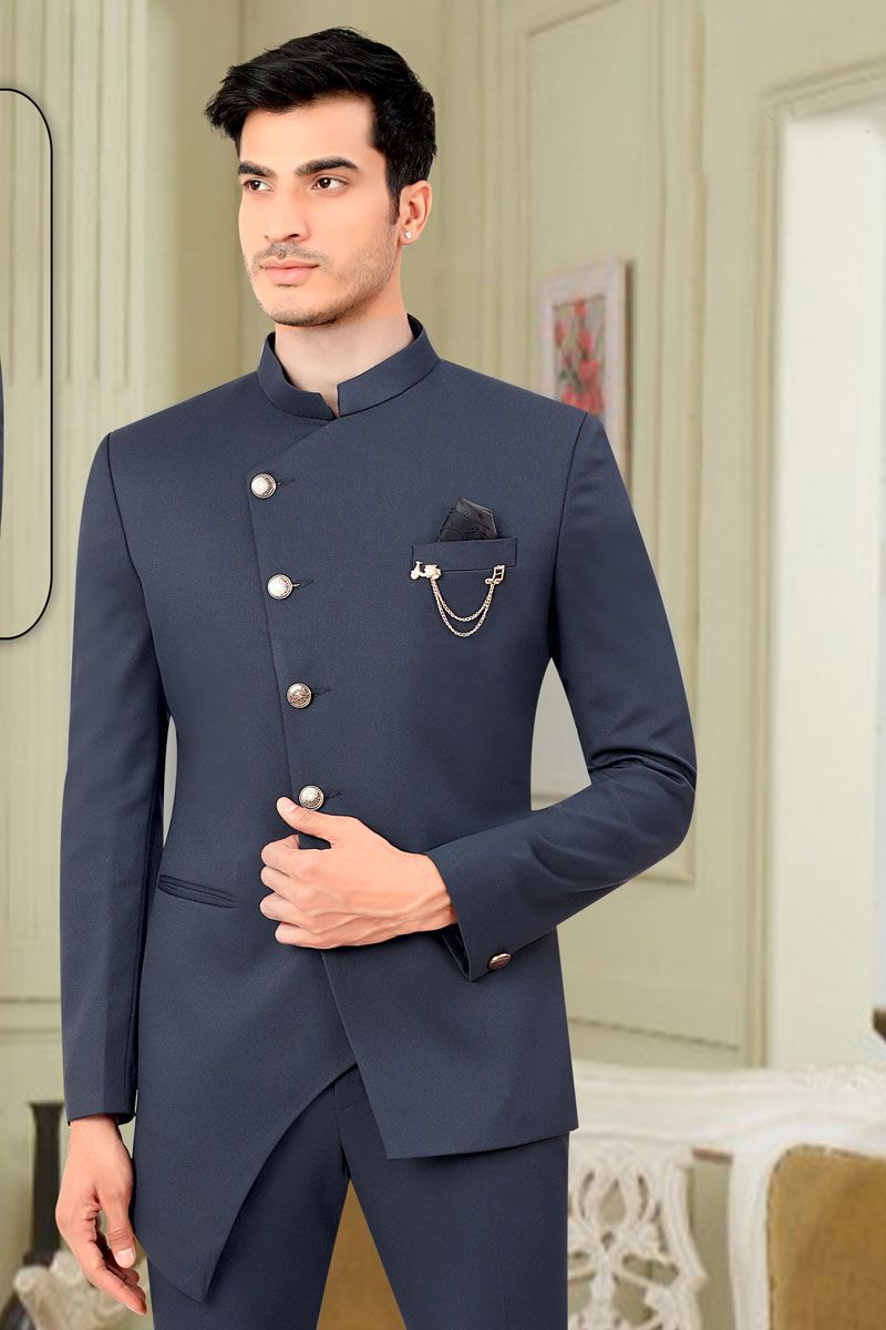 Adorning Blue Rayon Wedding Style Jodhpuri Jacket