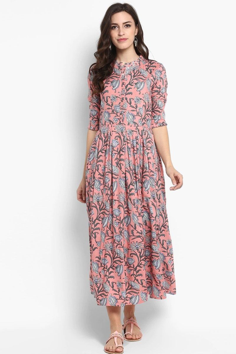 Vibrant Festival Printed Peach Readymade Gown In Rayon Fabric