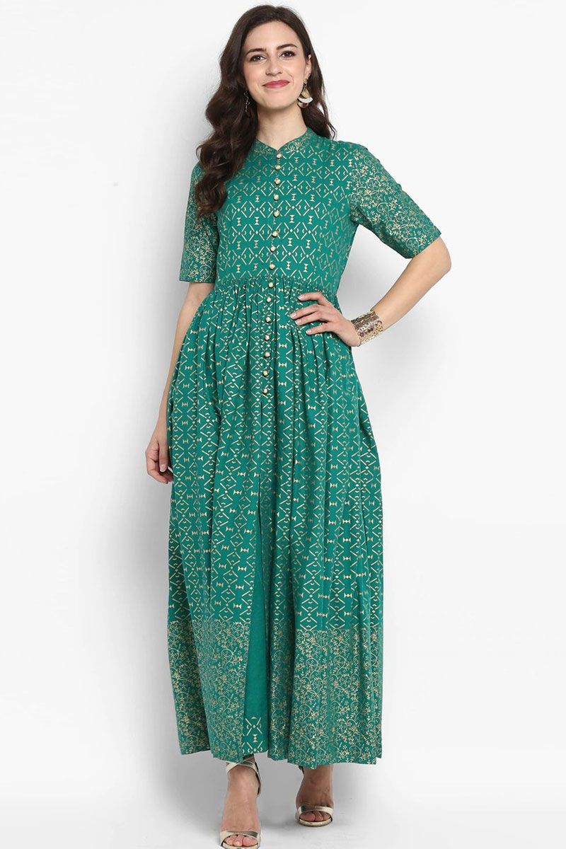 Elegant Festival Rayon Readymade Gown in Green With Printed Designs