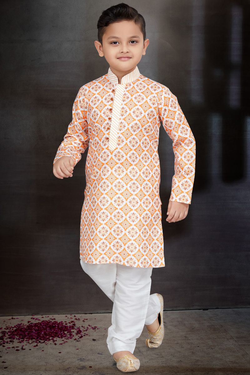 Traditional Wear Cotton Fabric Fancy Readymade Kurta Pyjama For Boys In Orange Color