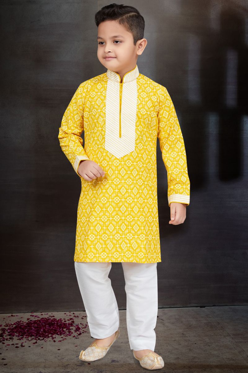 Occasion Wear Trendy Readymade Kurta Pyjama For Boys In Yellow Color Cotton