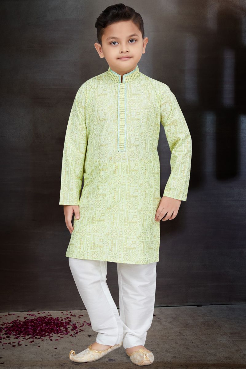 Occasion Wear Sea Green Color Cotton Boys Trendy Readymade Kurta Pyjama