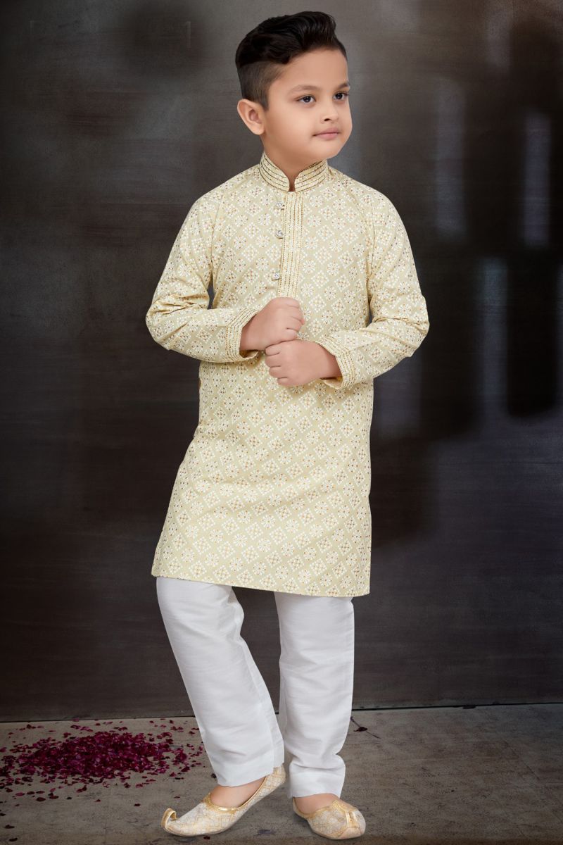 Cream Occasion Wear Cotton Fabric Designer Readymade Kurta Pyjama For Boys