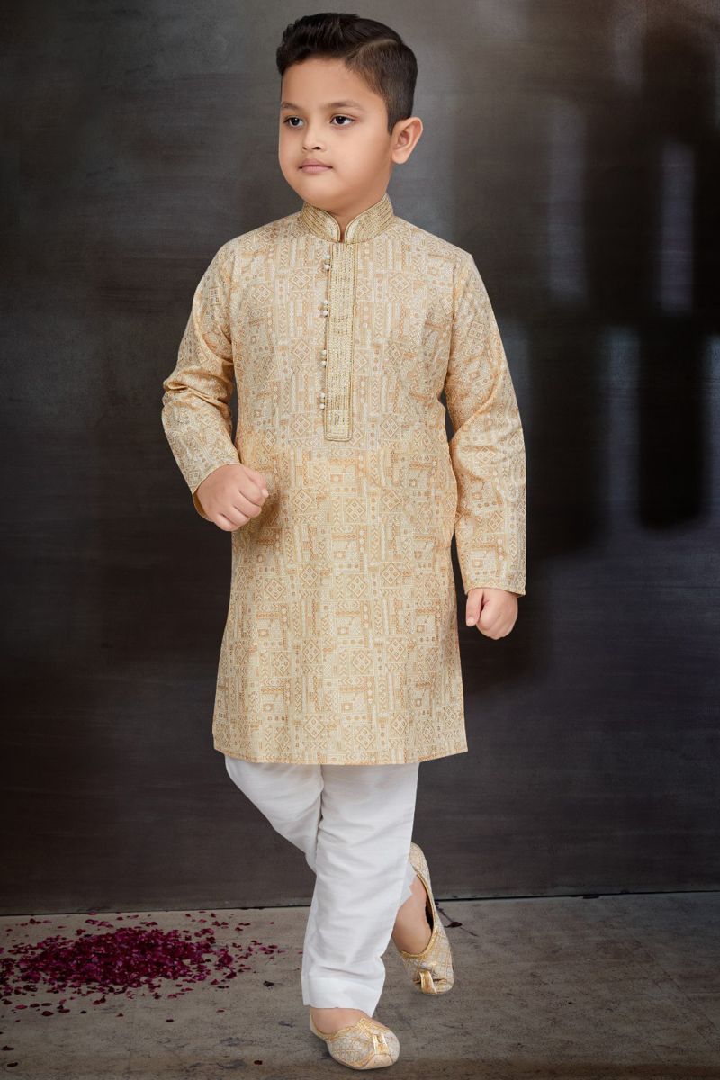 Occasion Wear Cotton Fabric Designer Readymade Kurta Pyjama For Boys In Beige