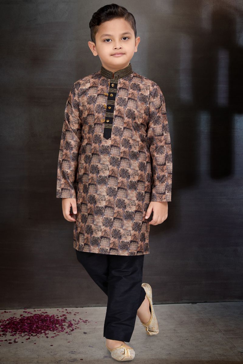 Sangeet Function Wear Designer Readymade Kurta Pyjama For Boys In Cotton Fabric Brown