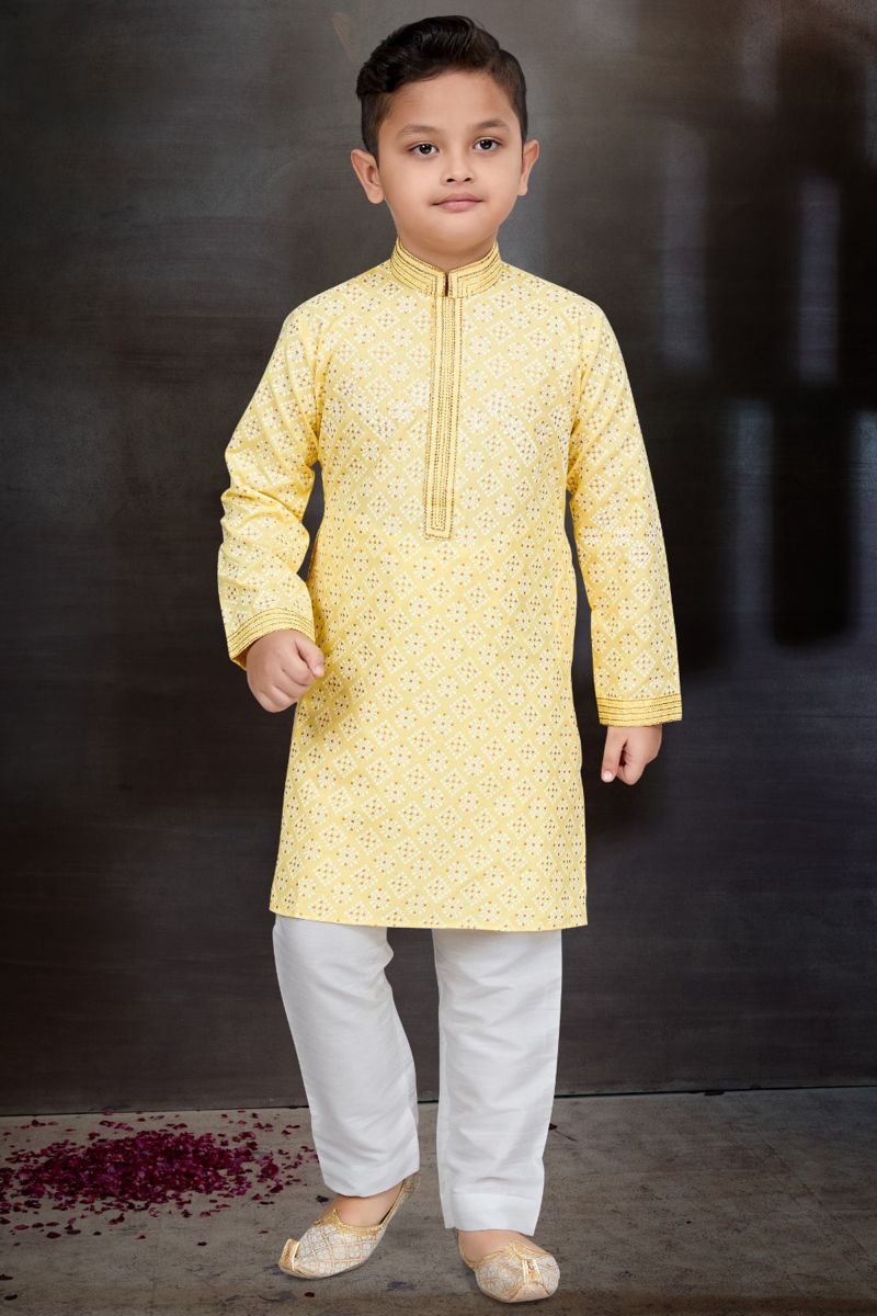 Yellow Cotton Fabric Sangeet Function Wear Boys Designer Readymade Kurta Pyjama