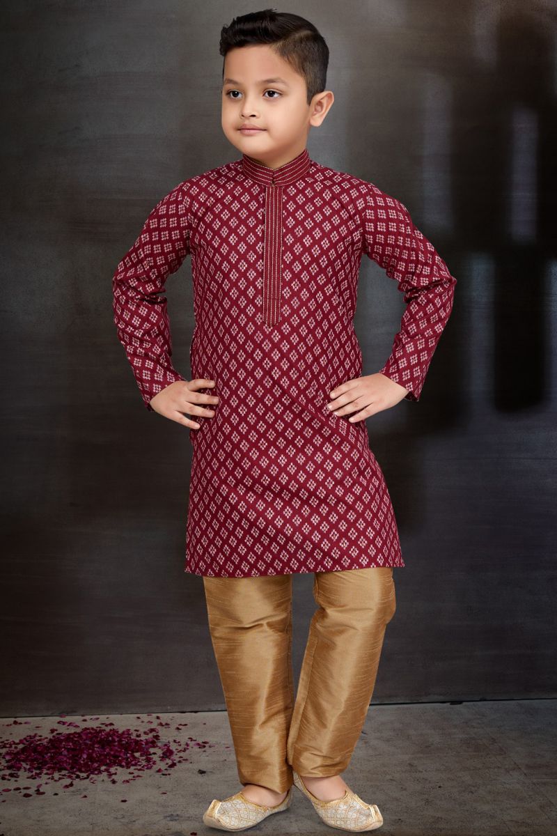 Sangeet Function Wear Maroon Cotton Stylish Readymade Kurta Pyjama For Boys