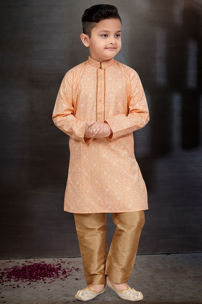 Peach Function Wear Cotton Stylish Readymade Kurta Pyjama For Boys