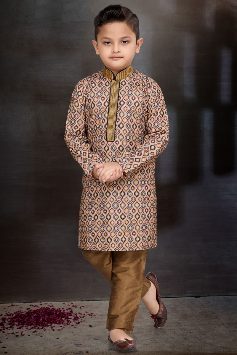 Function Wear Cotton Fabric Readymade Kurta Pyjama For Boys In Chikoo Color