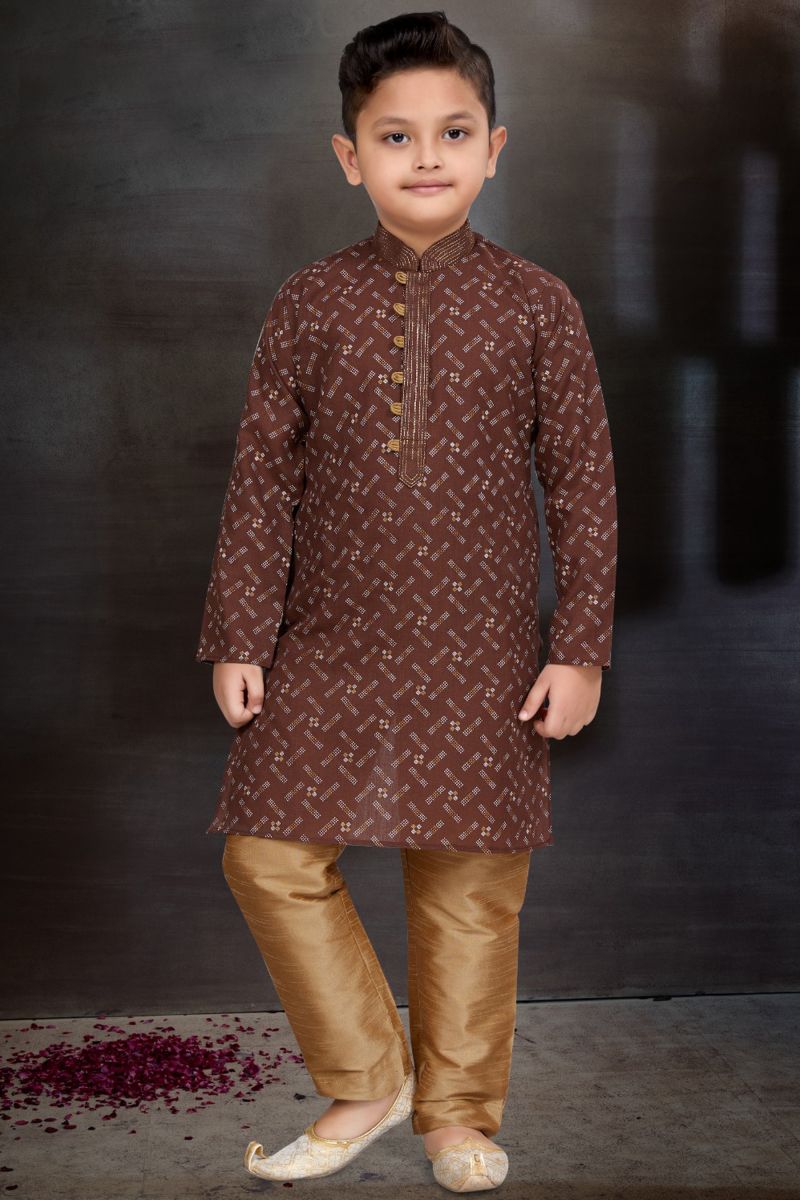 Brown Color Function Wear Cotton Fabric Readymade Kurta Pyjama For Boys