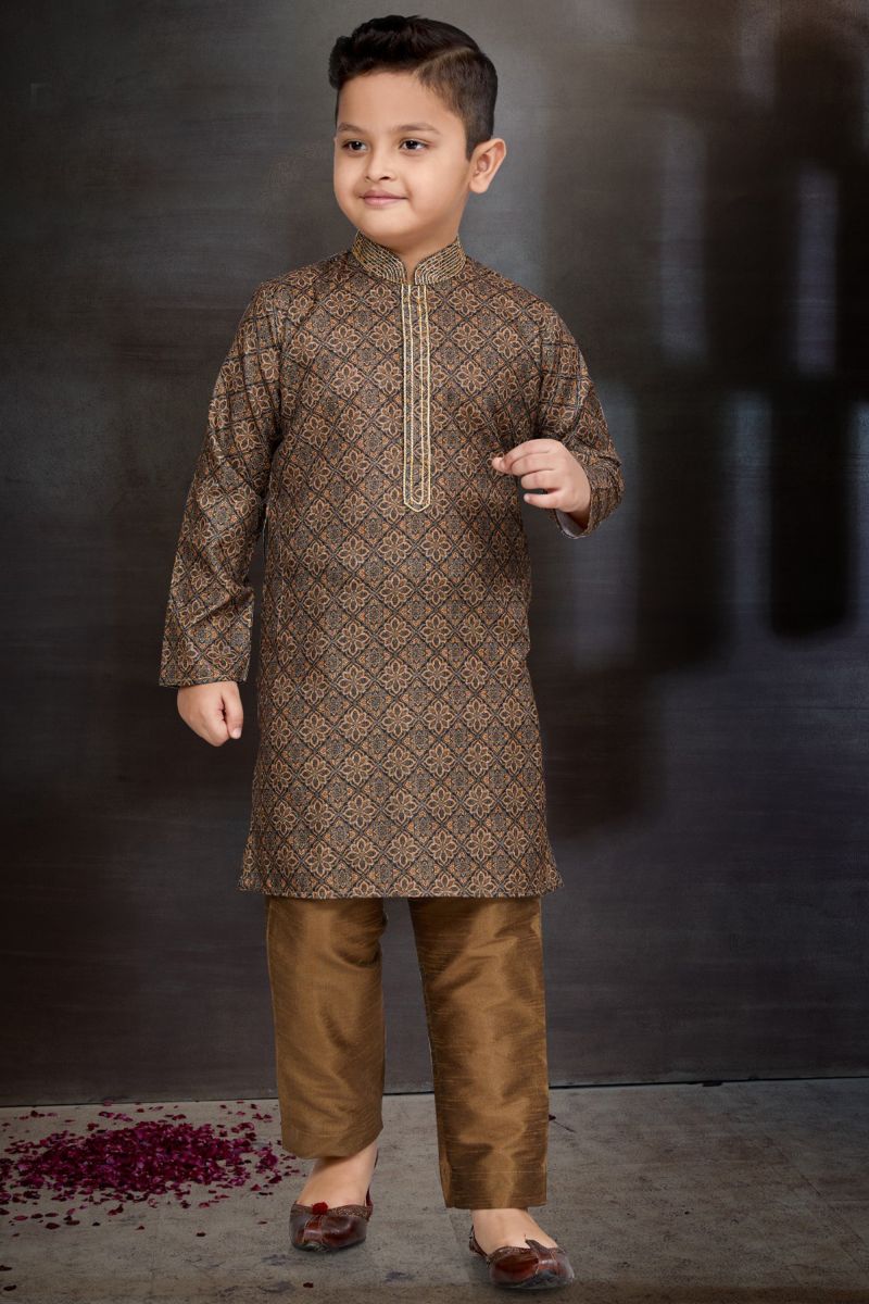 Cotton Fabric Brown Color Function Wear Boys Readymade Kurta Pyjama