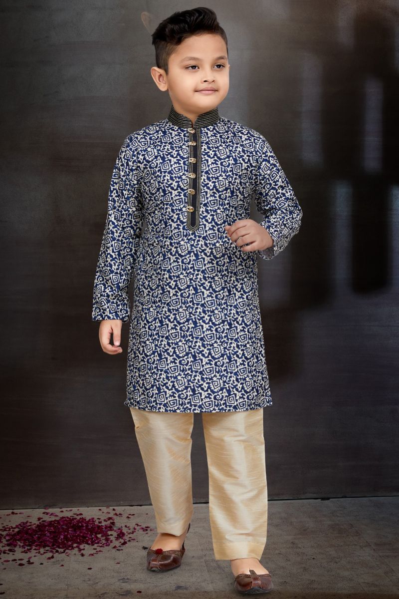 Sangeet Function Wear Cotton Fabric Blue Color Readymade Kurta Pyjama For Boys