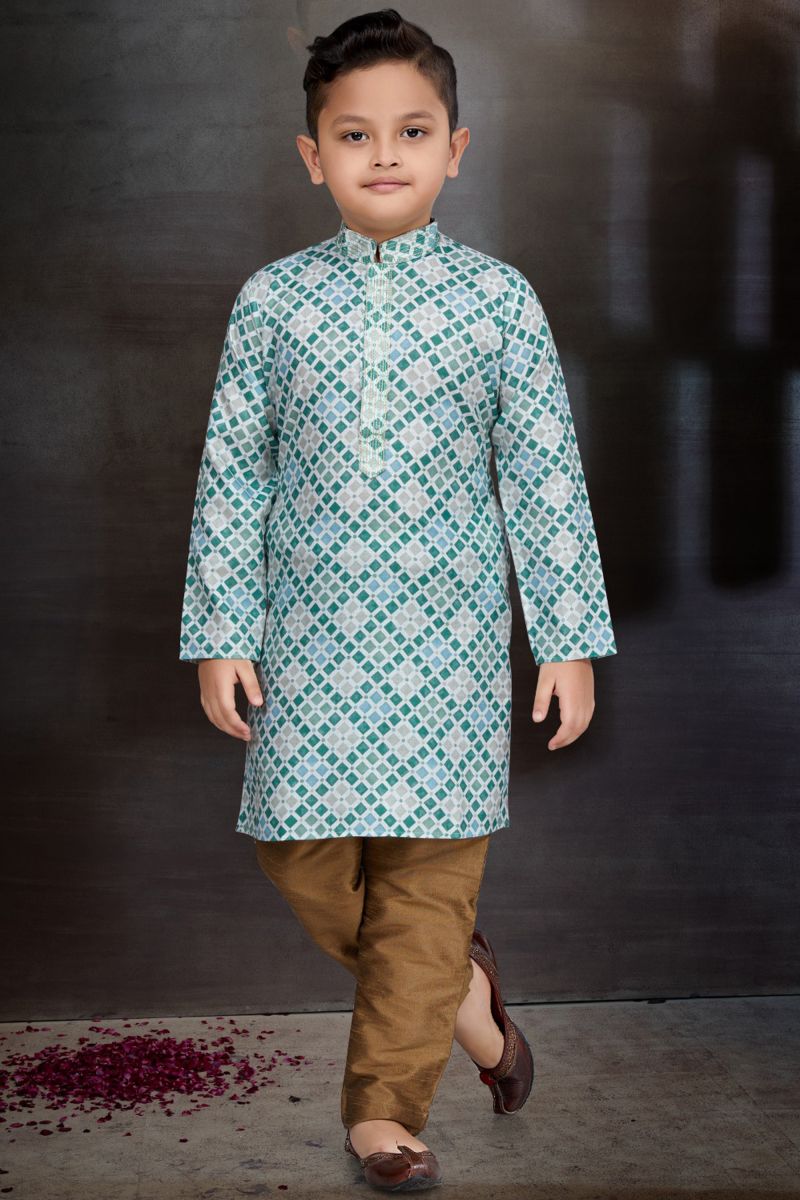 Traditional Wear Cotton Fabric Cyan Color Fancy Readymade Kurta Pyjama For Boys