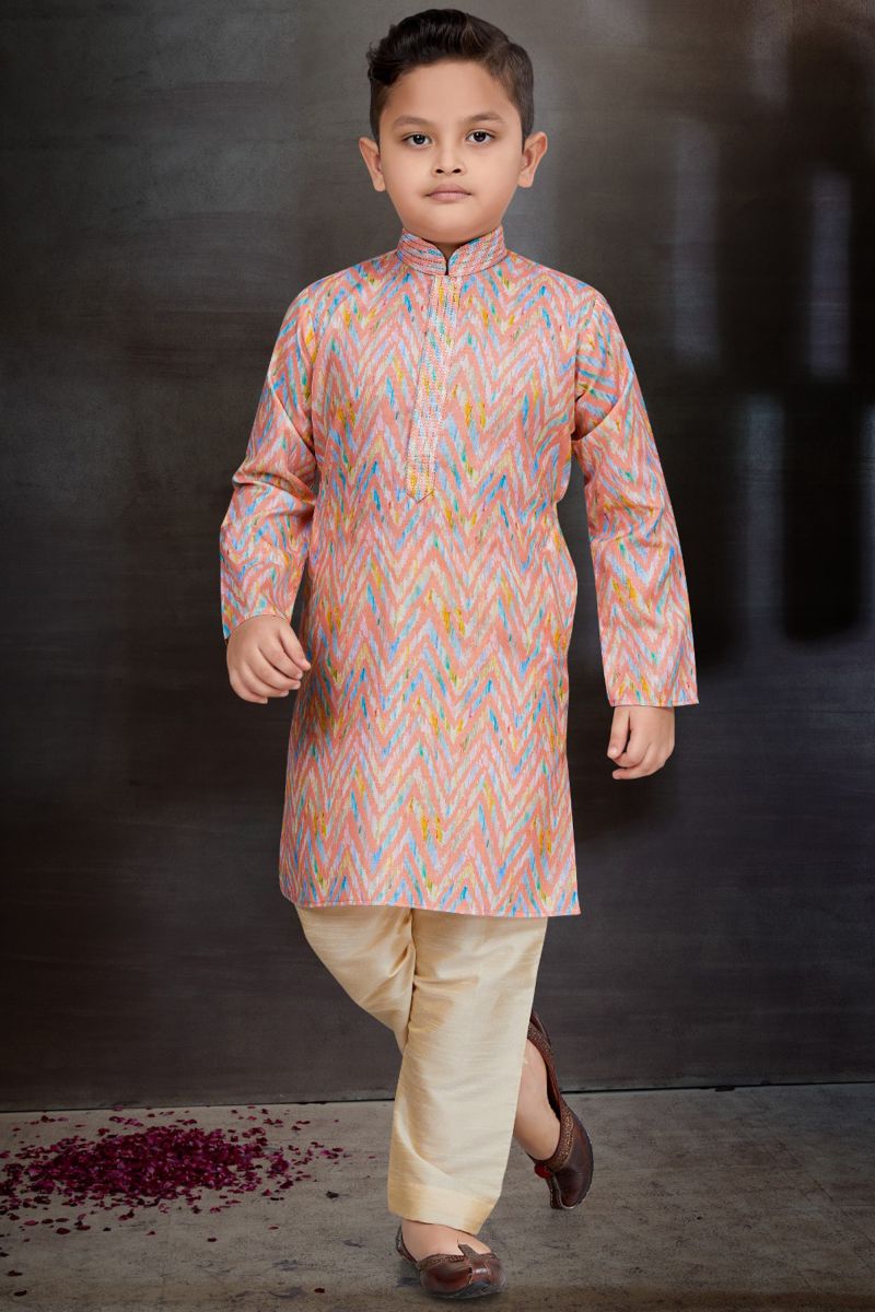 Cotton Fabric Pink Color Traditional Wear Boys Fancy Readymade Kurta Pyjama