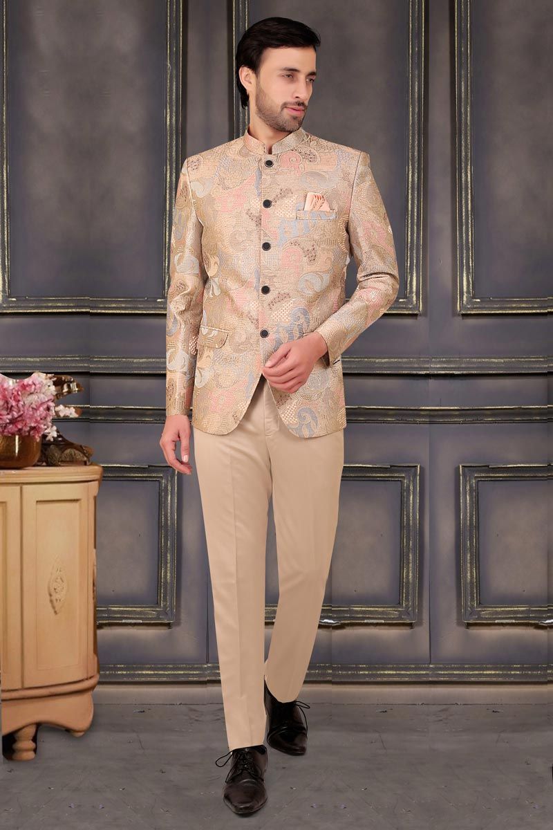 Mens Wedding Function Readymade Beige Color Jodhpuri In Brocade Fabric