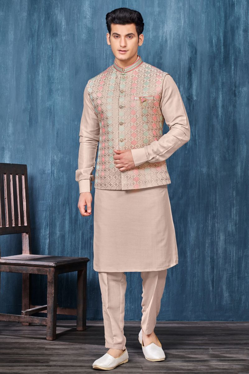 Beige Color Embroidery Work Banarasi Silk Fabric Function Wear Readymade Kurta Pyjama For Men With Jacket