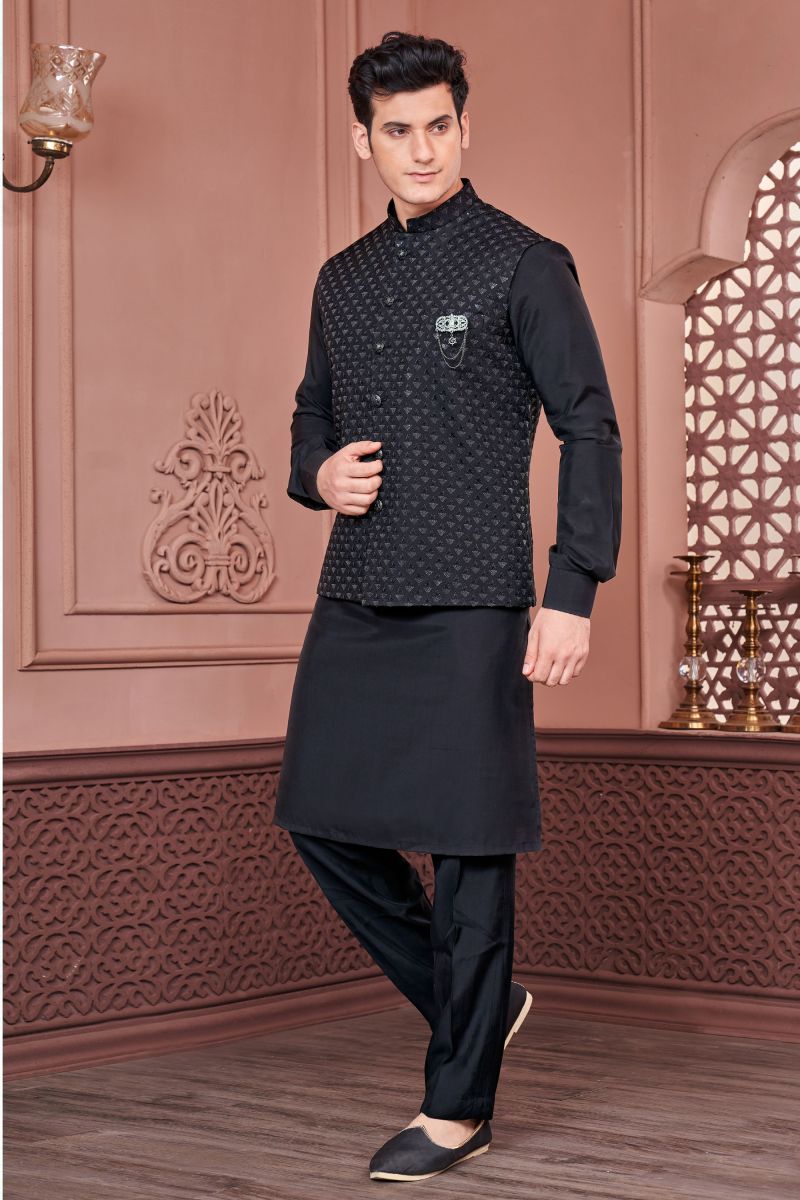 Black Color Embroidery Work Engaging Banarasi Silk Fabric Festive Wear Readymade Kurta Pyjama For Men With Jacket