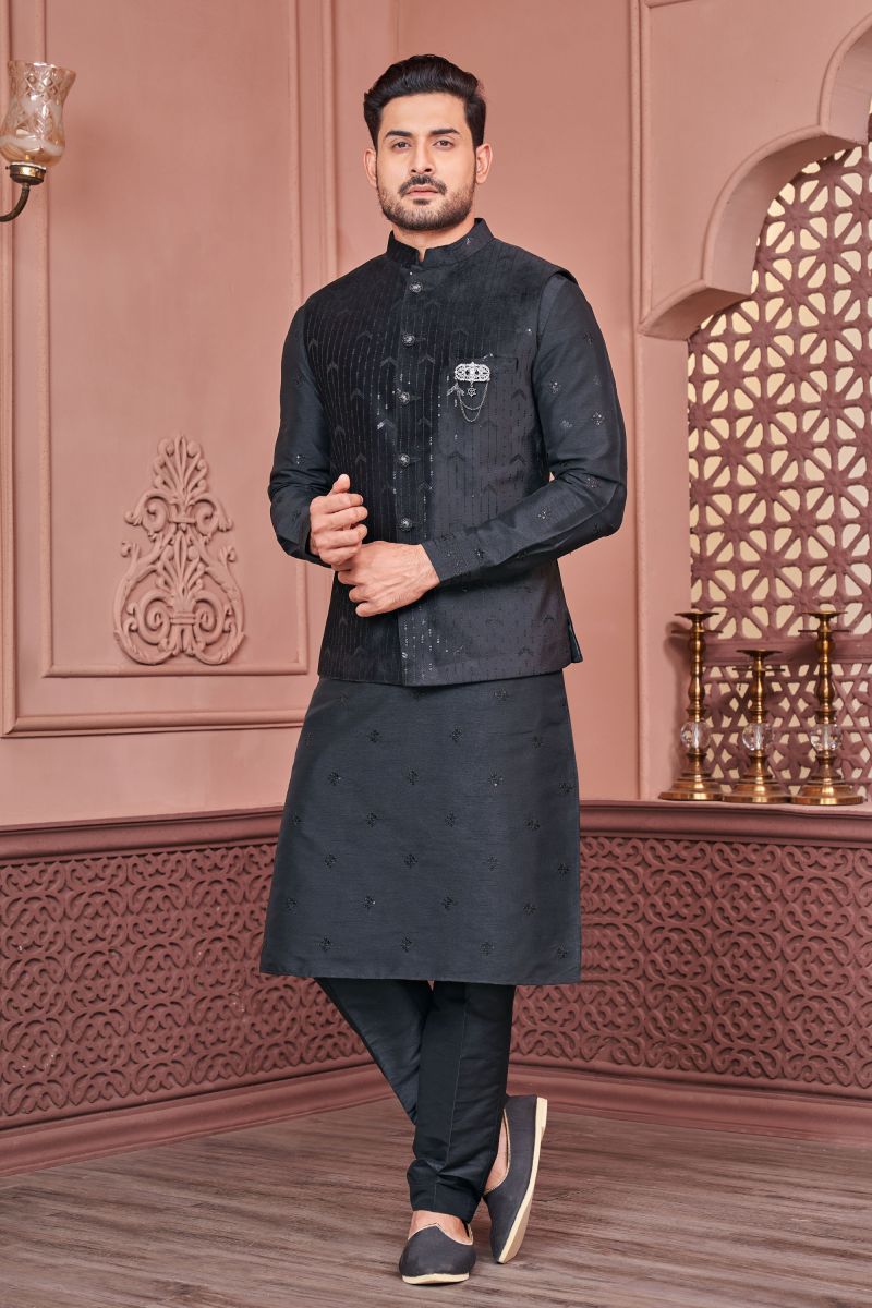 Black Color Velvet Fabric Embroidery Work Festive Wear Captivating Readymade Kurta Pyjama For Men With Jacket