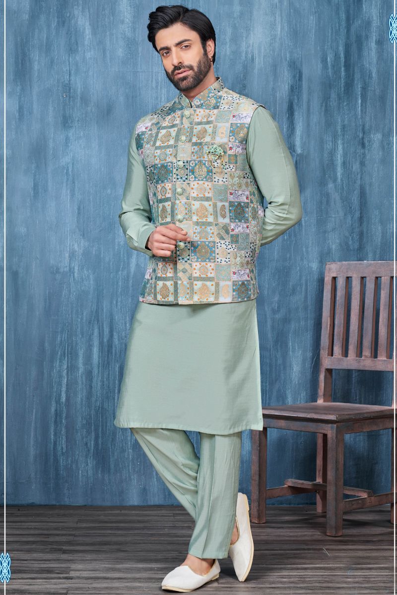 Fetching Sea Green Jacquard Fabric Sangeet Wear Printed Readymade Kurta Pyjama For Men With Jacket