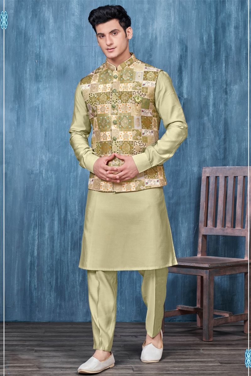 Printed Sea Green Color Gorgeous Jacquard Wedding Wear Readymade Kurta Pyjama For Men With Jacket