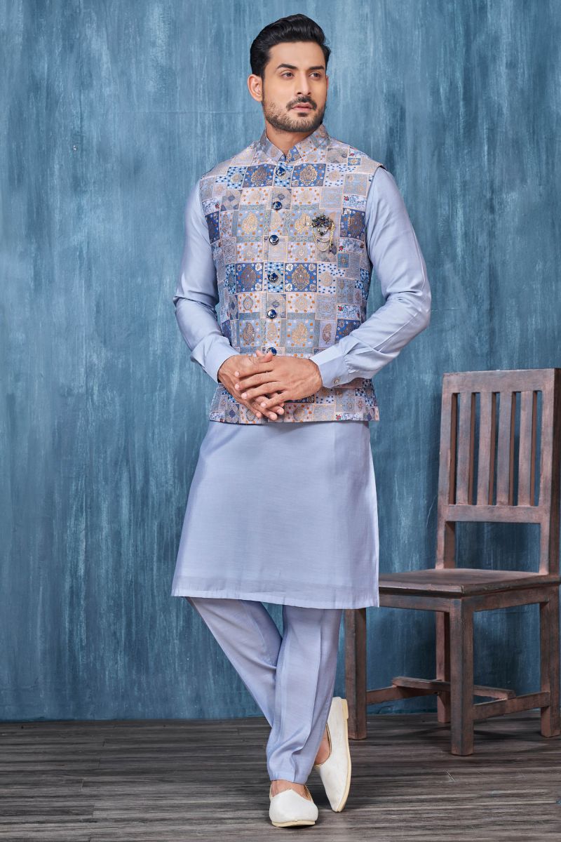 Blue Color Printed Jacquard Fabric Reception Wear Striking Readymade Kurta Pyjama For Men With Jacket