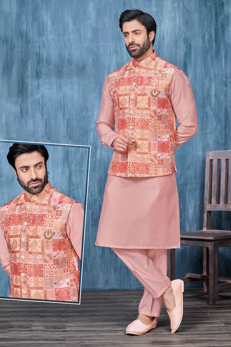 Peach Stunning Jacquard Fabric Printed Function Wear Readymade Kurta Pyjama For Men With Jacket