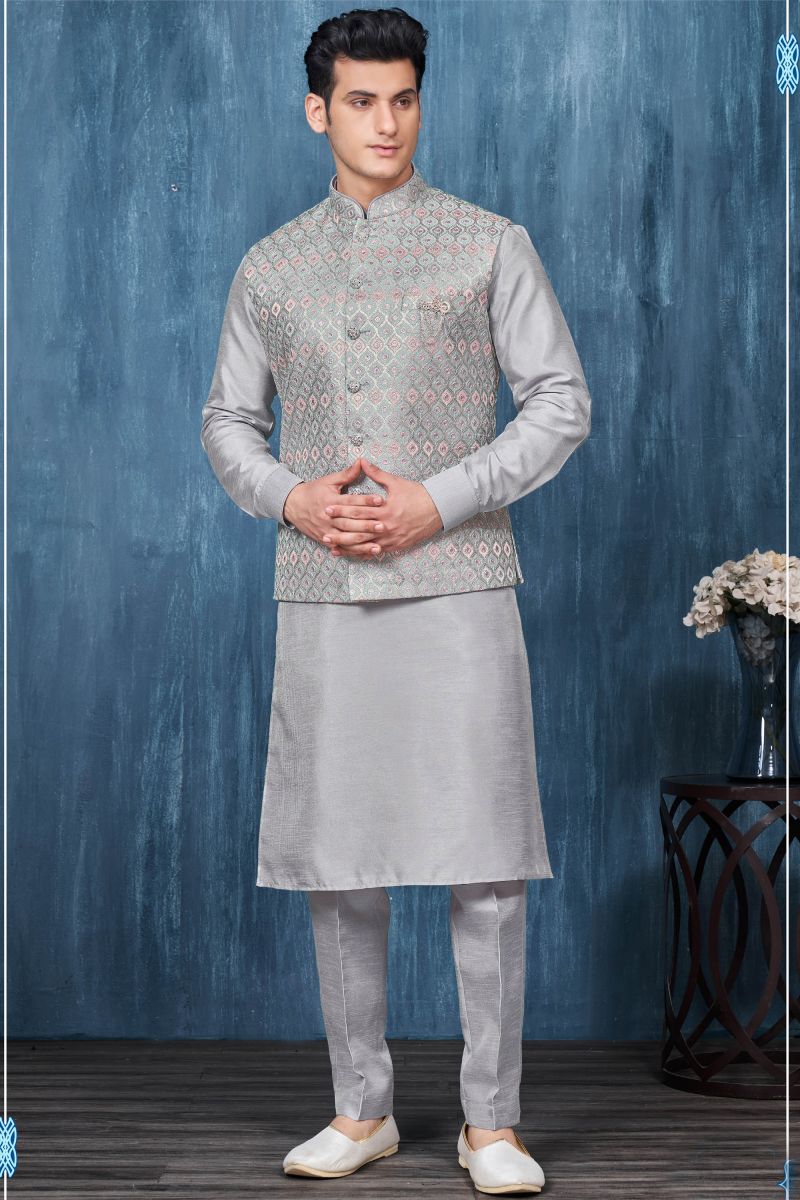 Grey Gorgeous Banarasi Silk Fabric Reception Wear Readymade Kurta Pyjama For Men With Nehru Jacket