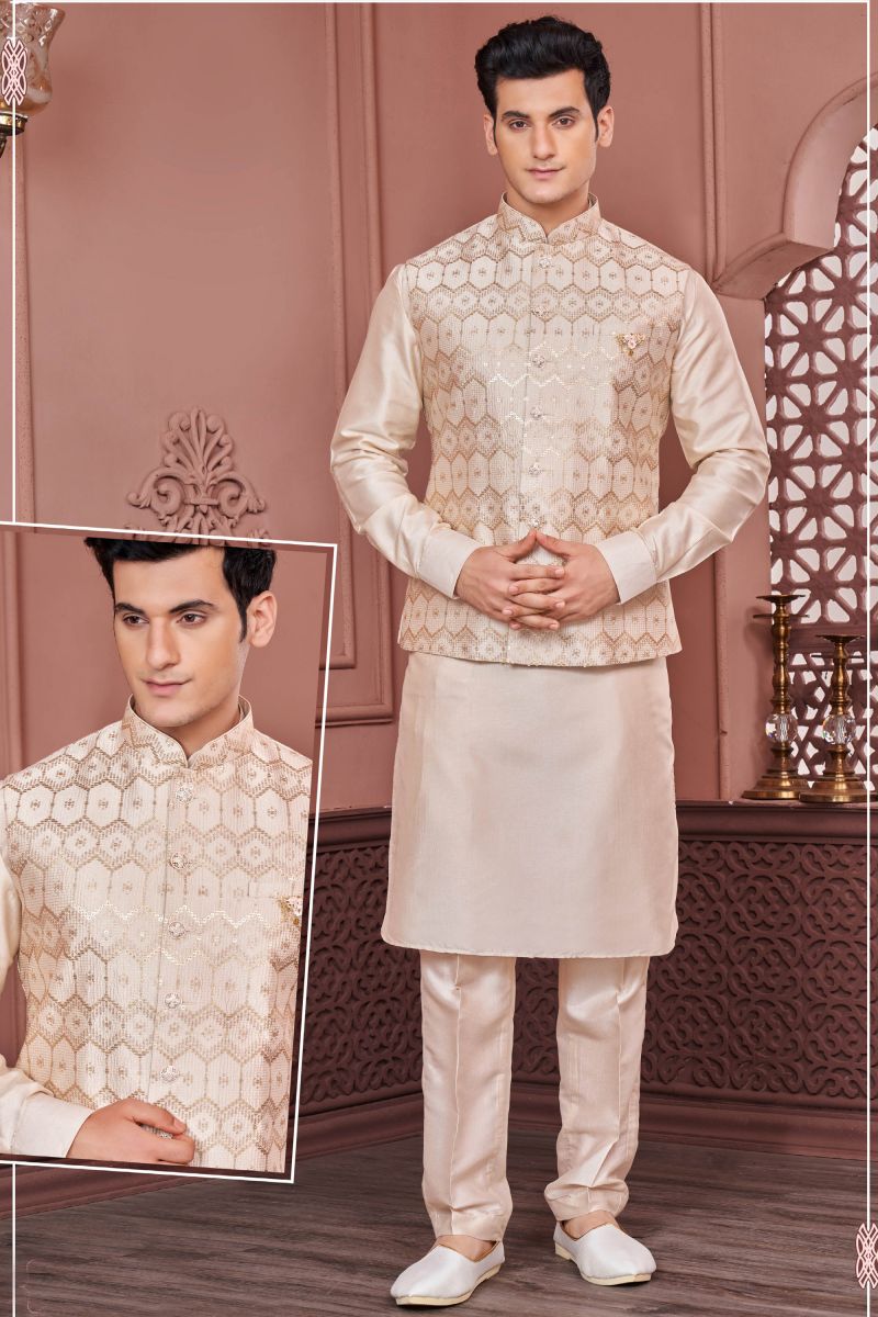 Beige Color Sangeet Wear Readymade Lovely Banarasi Silk Fabric Kurta Pyjama For Men With 3 Pcs Jacket Set