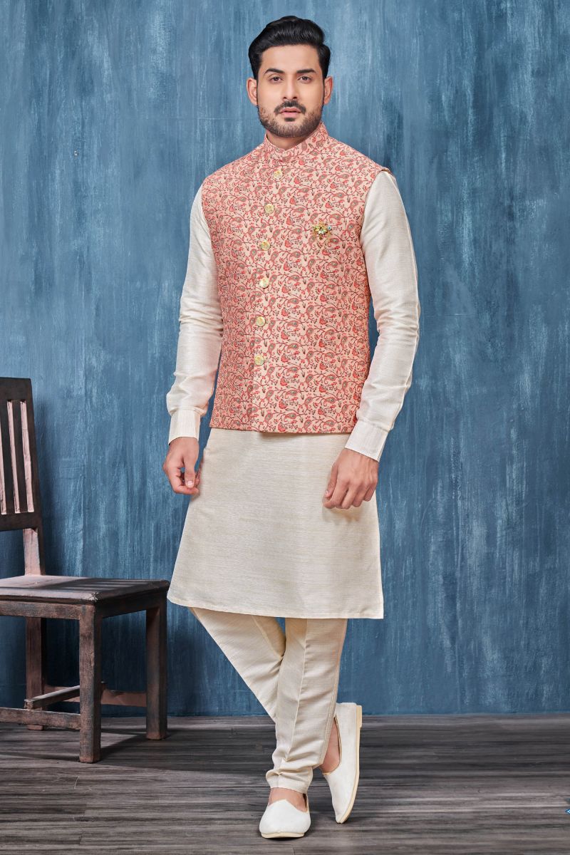 Fancy Fabric Wedding Wear Readymade Pretty Cream Color Kurta Pyjama For Men With 3 Pcs Jacket Set