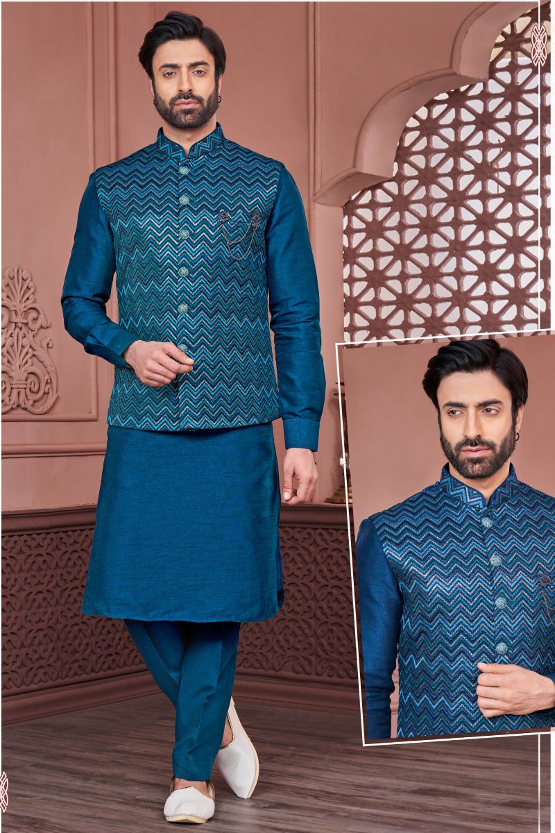 Banarasi Silk Fabric Embroidery Work Blue Color Festive Wear Readymade Men Stylish Kurta Pyjama With Jacket