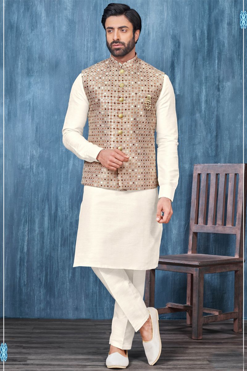 Fancy Fabric Stunning Embroidery Work Cream Color Function Wear Readymade Men Kurta Pyjama With Jacket