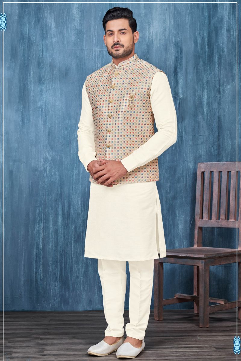 Fancy Fabric Cream Festive Wear Readymade Lovely Embroidery Work Kurta Pyjama For Men With Jacket