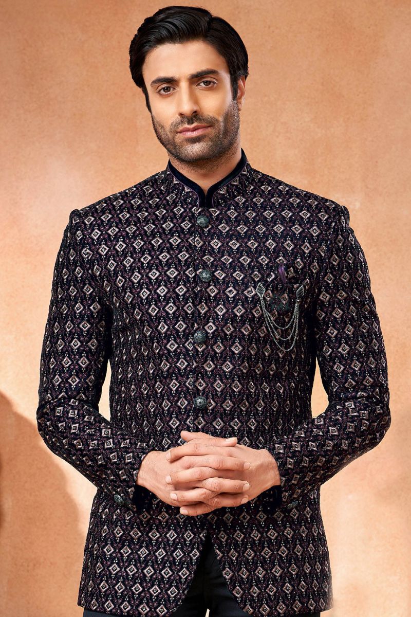 Navy Blue Color Wedding Wear Velvet Fabric Designer Readymade Jodhpuri Jacket For Men