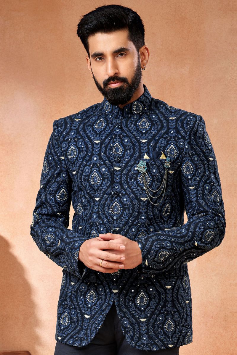 Wedding Wear Georgette Fabric Designer Readymade Jodhpuri Jacket For Men In Blue Color