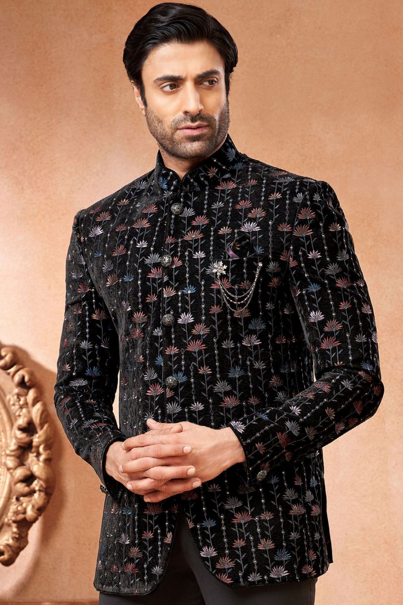 Velvet Fabric Designer Wedding Wear Readymade Jodhpuri Jacket For Men In Black Color