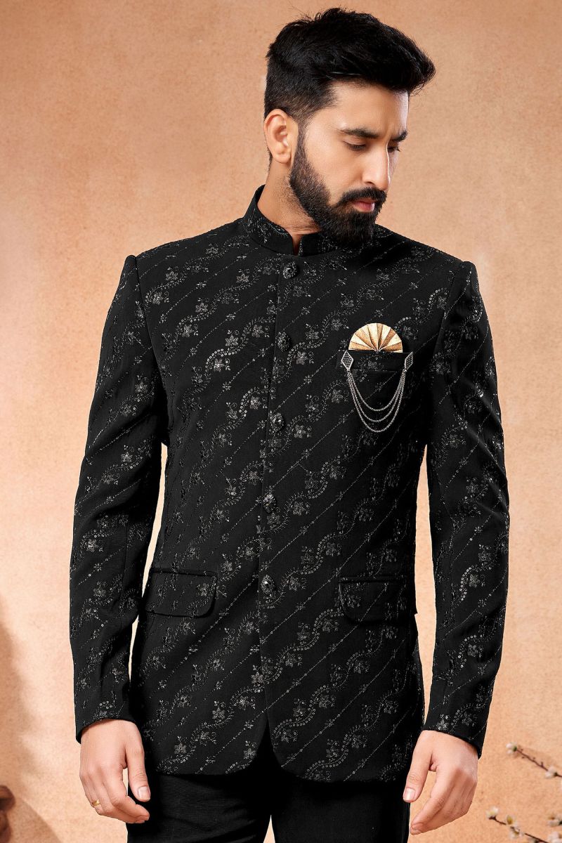 Black Color Fancy Fabric Wedding Wear Readymade Jodhpuri Jacket For Men