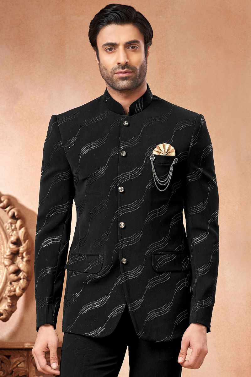 Fancy Fabric Black Color Wedding Wear Readymade Men Stylish Jodhpuri Jacket