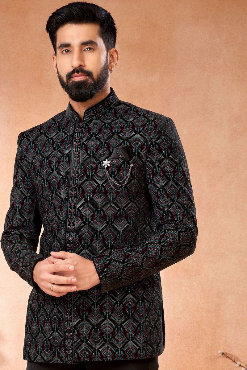 Black Gorgeous Velvet Fabric Wedding Wear Readymade Jodhpuri Jacket For Men