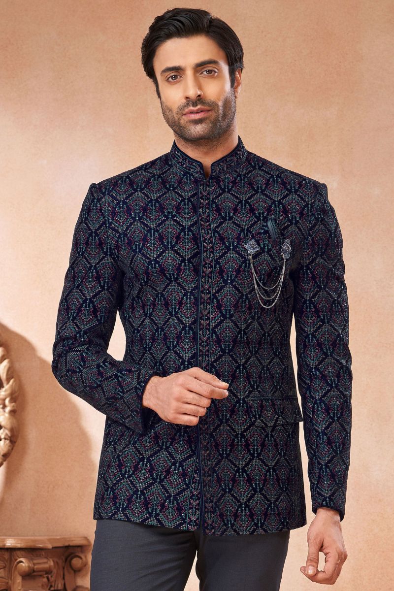 Velvet Stunning Navy Blue Color Wedding Wear Readymade Men Jodhpuri Jacket