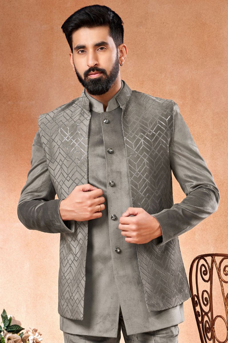 Velvet Grey Wedding Wear Readymade Lovely Jodhpuri Jacket For Men