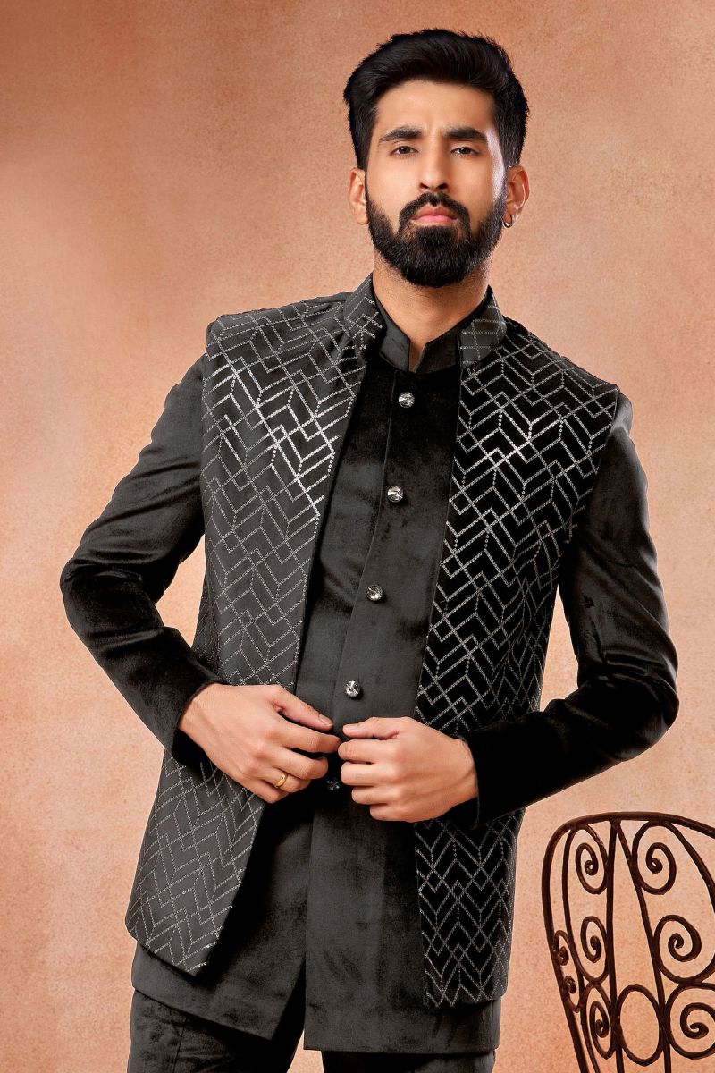 Pretty Velvet Fabric Wedding Wear Readymade Men Jodhpuri Jacket In Black Color