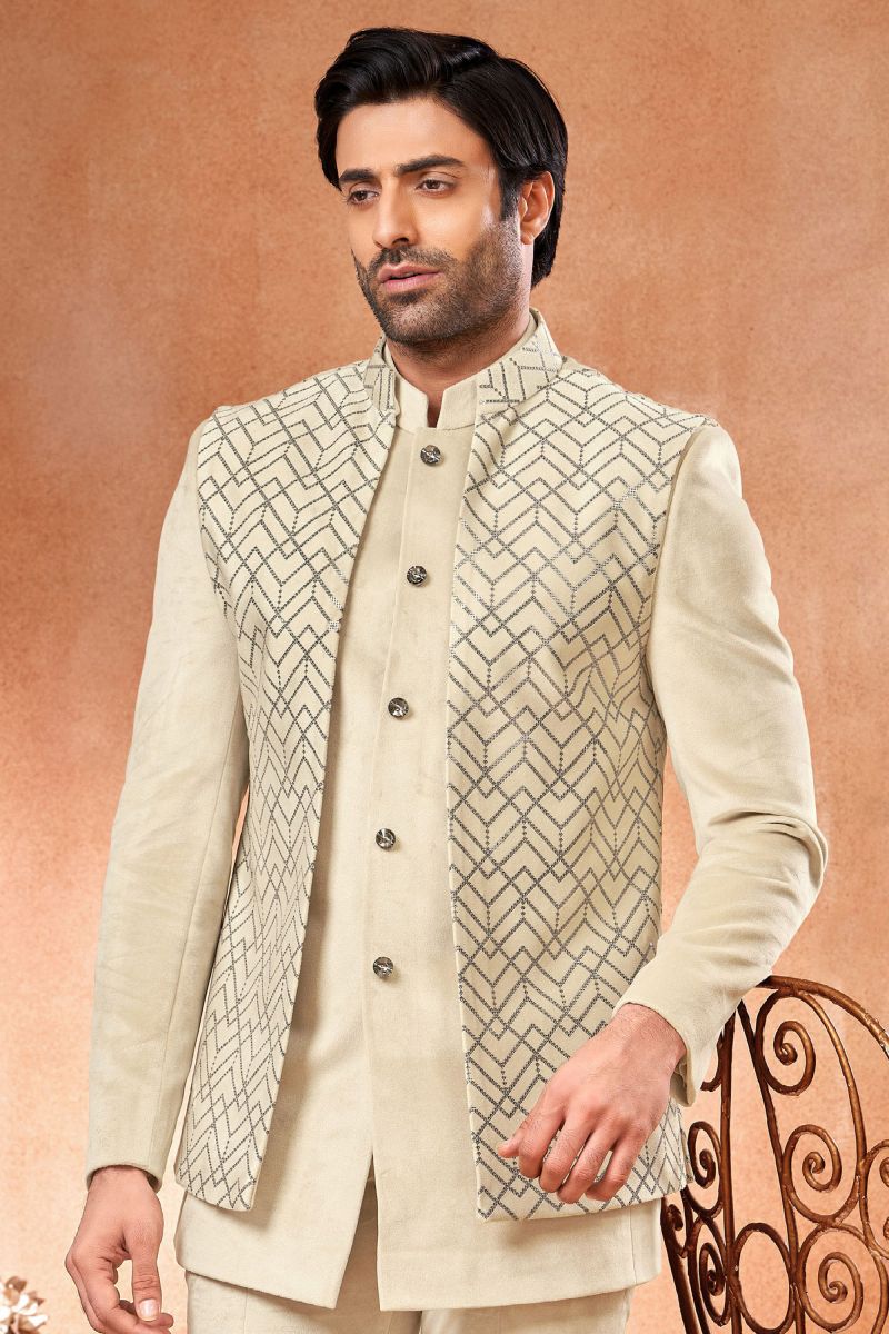 Beautiful Cream Color Wedding Wear Readymade Jodhpuri Jacket For Men In Velvet Fabric