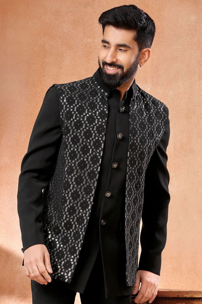 Fancy Wedding Wear Attractive Readymade Men Jodhpuri Jacket In Black Color